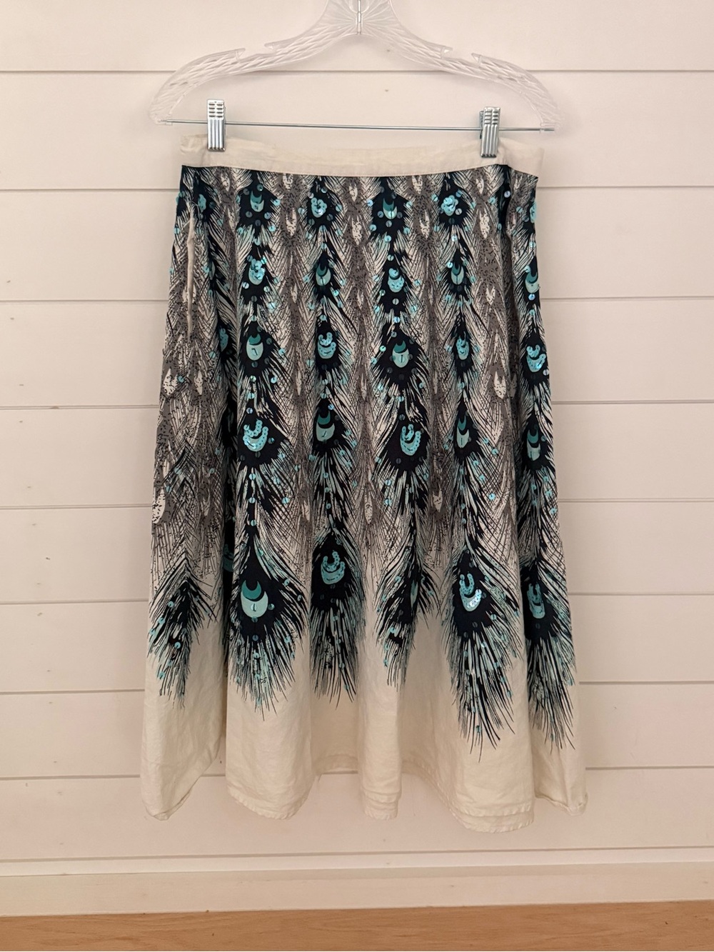 Vintage Bernardo Peacock Feather Block Print Skirt A-Line Coastal Chic size 12